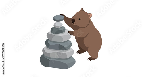 Brown bear balancing stones in artistic illustration.