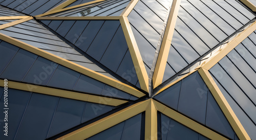 Modern geometric metal roof structure with green grassy details