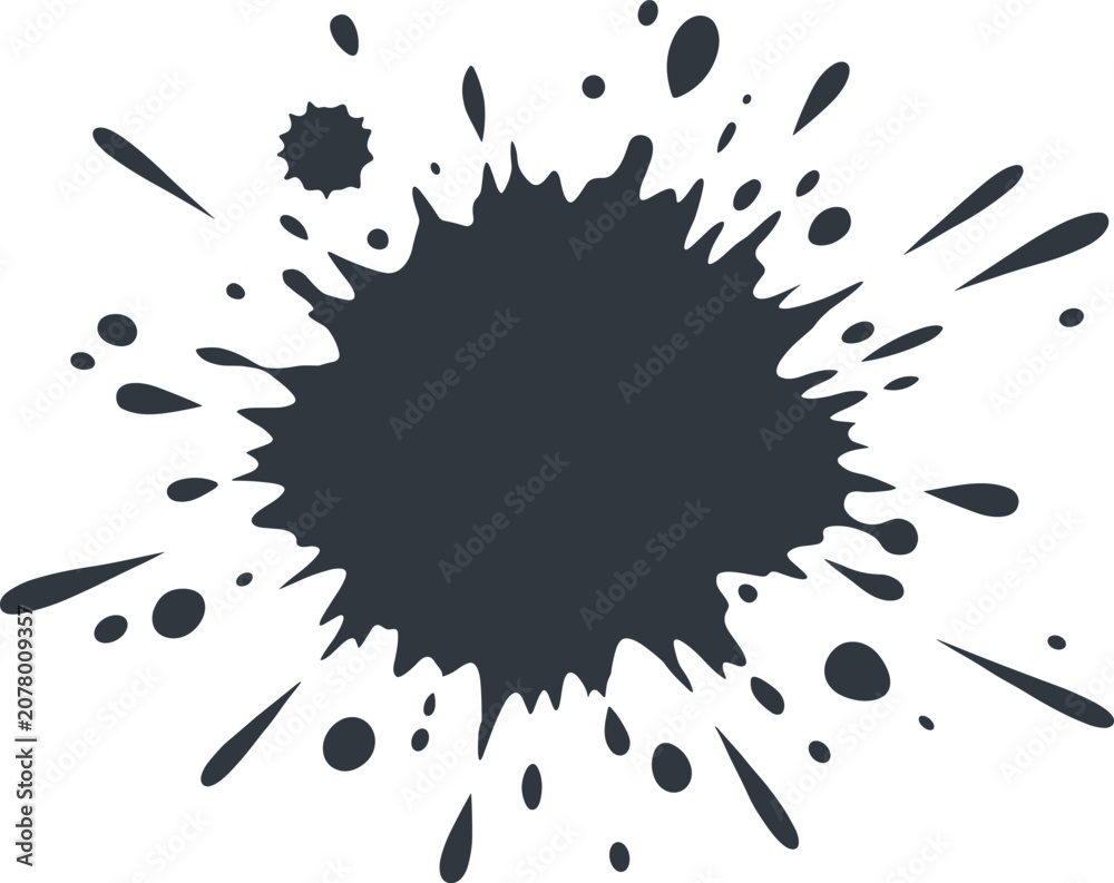 Fototapeta premium Black ink splatter with irregular circular burst and scattered droplets isolated artistic paint splash design on white background