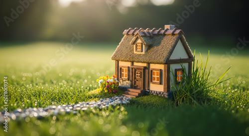 Charming miniature wooden house in a grassy field