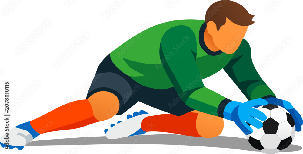 Obraz premium Goalkeeper making save. Soccer goalkeeper defense. Football goalkeeper action. Flat vector illustration