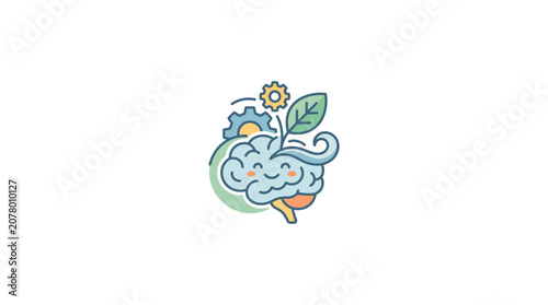 Happy Brain with Gears and Leaf - Concept of Healthy Mind, Creativity and Growth