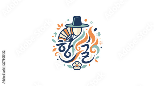 Hangul Korean Alphabet Symbol with Traditional Hat and Fan - Cultural Art