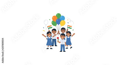 Happy Children Celebrate Indian Independence Day with Flags and Balloons