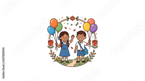 Happy Children Celebrate with Balloons, Back to School Joyful Kids