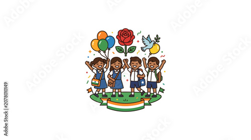 Happy Children Celebrating Indian Independence Day with Balloons and Flags