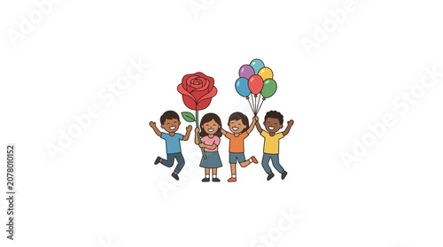 Happy Children Celebrating with Balloons and Rose