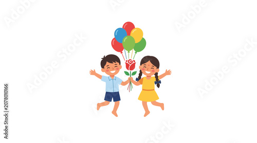 Happy Children Holding Balloons and Rose Flower, Celebrating Joyful Moment