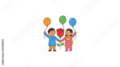 Happy Children Holding Balloons and Rose Flower