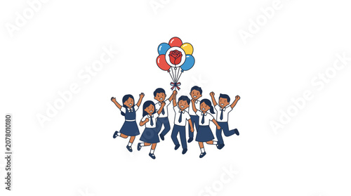 Happy Children Celebrating with Balloons, School Unity