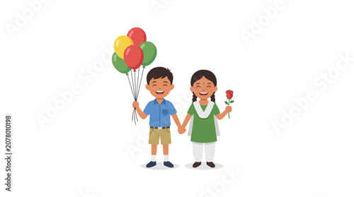 Happy Children Holding Balloons and Rose, Celebrating Together