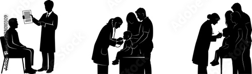 Bild auf Leinwand Pediatric healthcare silhouette set doctor consultation examination and parental