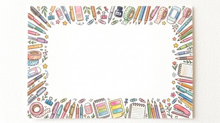 Hand drawn watercolor stationery border frame with colorful pens pencils notebooks and washi tape on white background for creative design projects with generous copy space for text and announcements