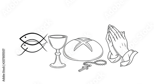 Obraz na plátně Christian Symbols Including Fish Chalice Bread And Praying Hands Silhouette