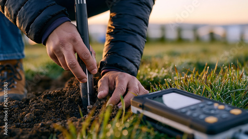 Soil ecologist pressing cylindrical core sampler into agricultural field soil at dawn, portable carbon analyzer positioned nearby, dew on grass surface, focused measurement technique representing ca