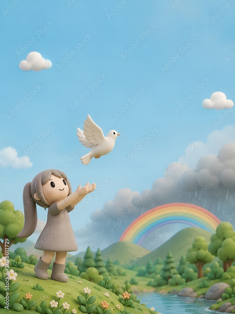 Naklejka premium Cute 3D clay girl releasing white dove over peaceful nature landscape with rainbow and copy space