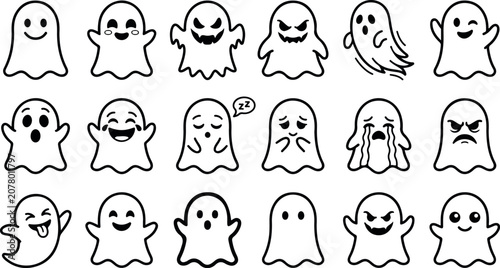 Fotografi A set of 15 different cartoon ghosts with various emotive expressions and poses