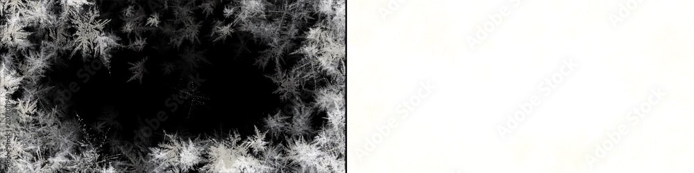 Fototapeta premium Frost pattern ice crystals on dark background for winter design projects isolated element with transparent alpha channel.