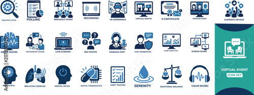 Fotografie Virtual event icon set for digital business webinars online meetings and interactive remote sessions