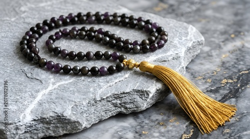 Elegant Black and Purple Beaded Prayer Malas with Tassel on Rock