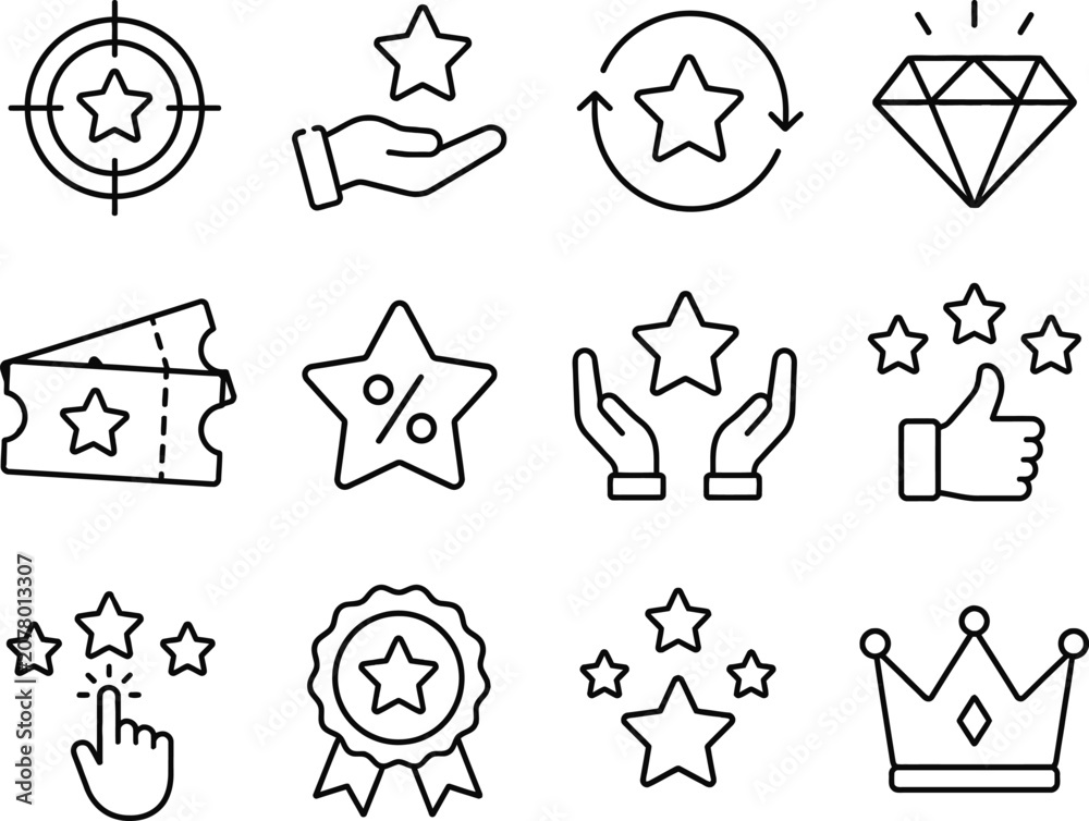 Fototapeta premium Rating and achievement line icons set stars diamonds and rewards