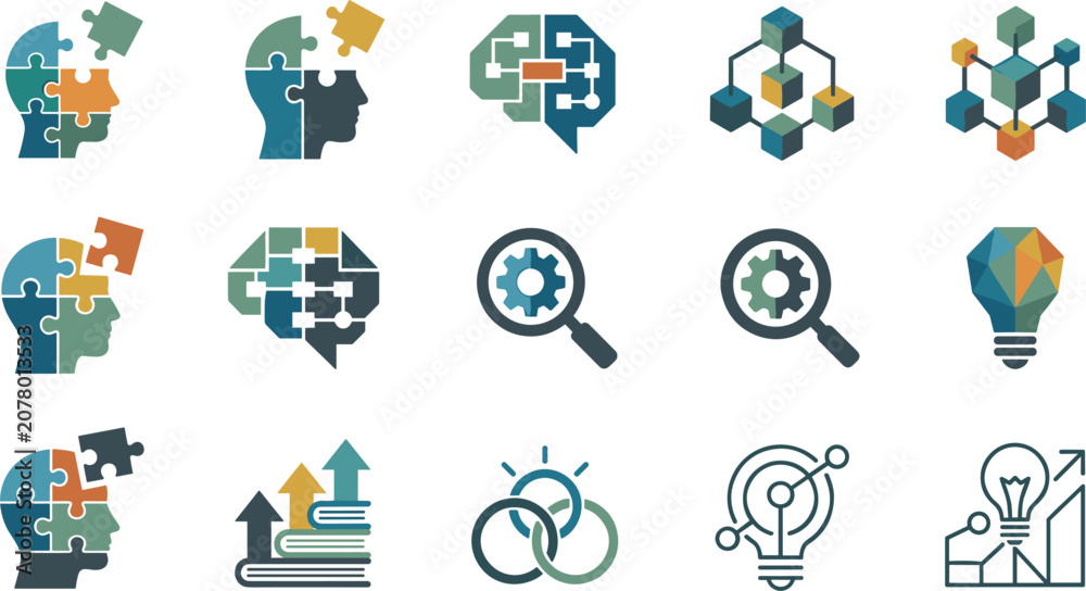 Fototapeta premium Business Psychology and Artificial Intelligence Icon Set with Human Brain Puzzle, Lightbulb Idea, Gears, Data Network, and Growth Charts for Corporate Strategy Designs