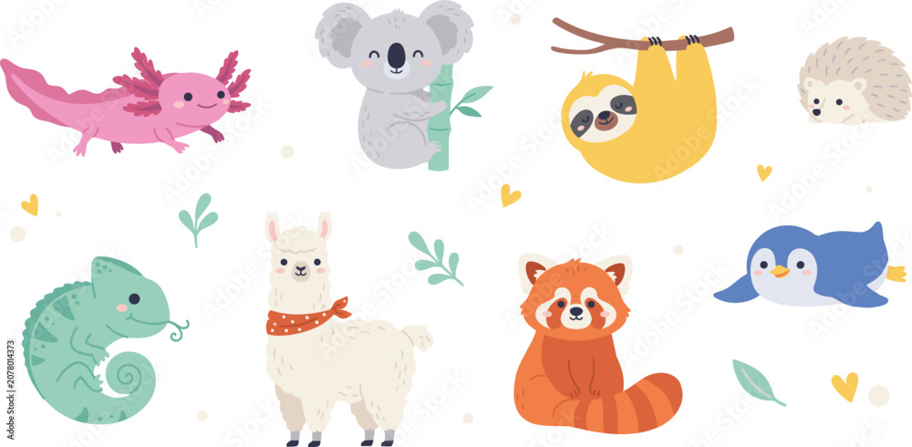 Naklejka premium Cute Exotic Wildlife Vector Character Set with Axolotl Koala Sloth Llama Chameleon Red Panda Penguin and Hedgehog Icons for Kids Nursery Designs