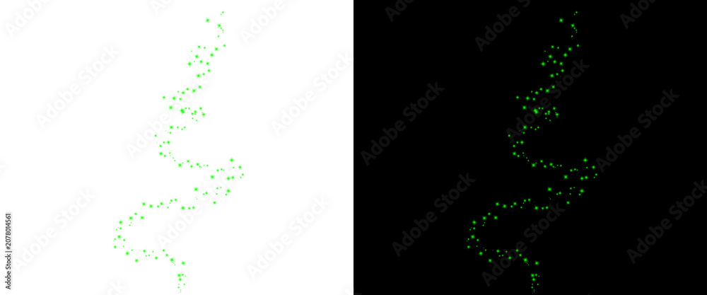 Fototapeta premium Green glowing particles in spiral wave formation, abstract light trail on black and white backgrounds, magical energy stream with sparkling dots