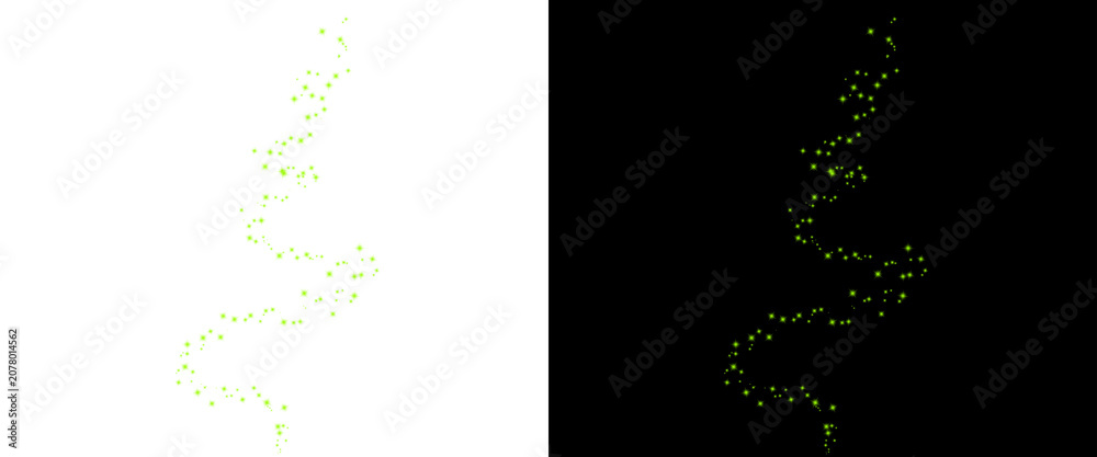 Fototapeta premium Abstract green particle trail on black and white background, glowing magic dust swirl, ethereal light sparks flowing in a spiral motion
