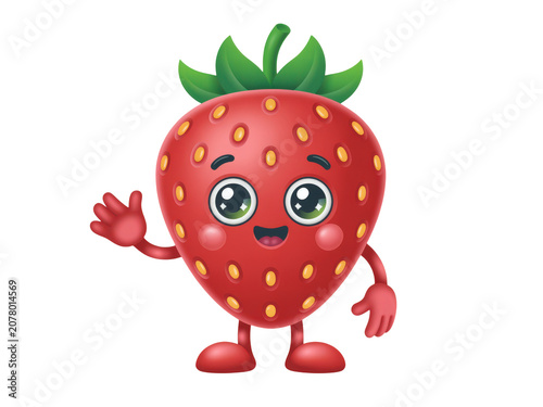 Cute cartoon strawberry character waving hello