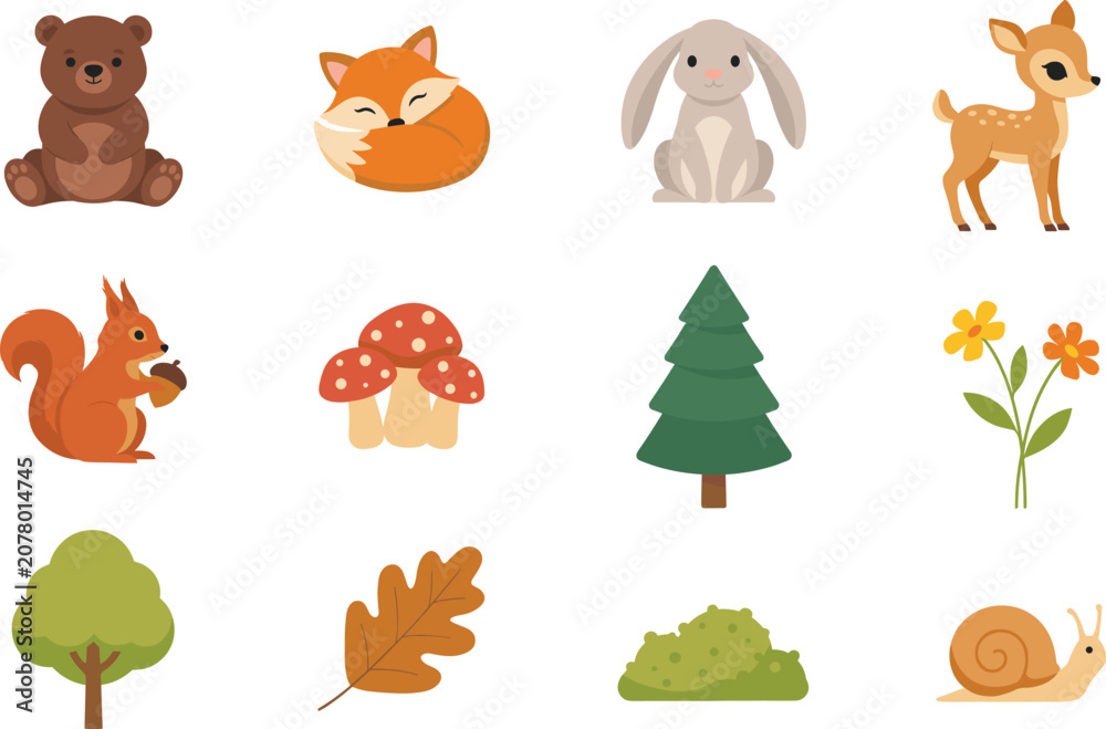 Fototapeta premium Cute Woodland Animals Vector Collection with Bear Fox Rabbit Deer Squirrel Snail Trees Mushrooms and Flowers for Baby Shower Nursery Graphic Designs
