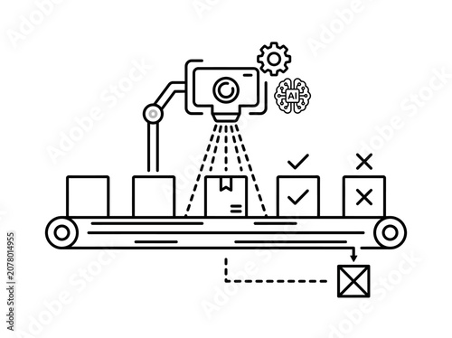 Minimal outline icon of conveyor quality inspection camera scanning products, AI visual inspection concept, clean line art