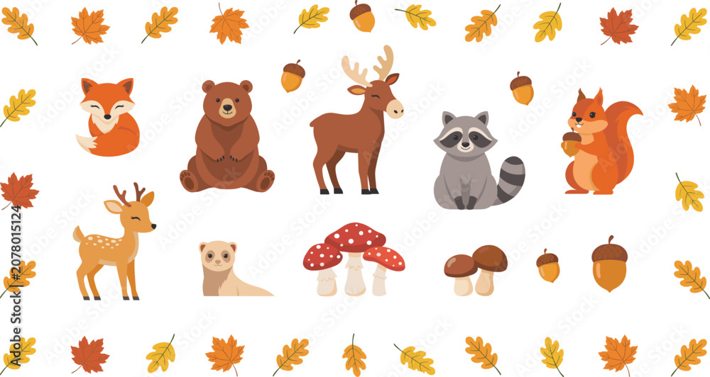 Obraz premium Cute Autumn Woodland Animals Vector Set with Fox Bear Moose Raccoon Squirrel Fawn Otter Mushrooms and Colorful Fall Leaves for Thanksgiving Textile Designs