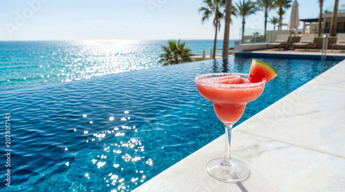 Watermelon Margarita Cocktail by Luxury Resort Infinity Pool Overlooking the Sea