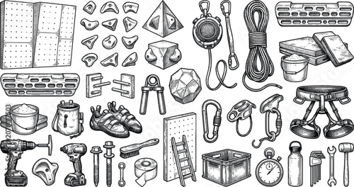 Foto Indoor Rock Climbing Gym and Bouldering Training Equipment Vector Icon Set Featu
