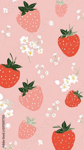 Cute Hand Drawn Strawberry and White Flower Seamless Pattern on Pastel Pink Background for Textile