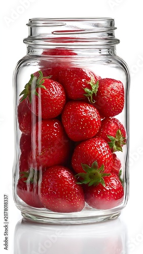 Fresh Strawberries in Clear Glass Jar Isolated on White Background, Commercial Stock Photo