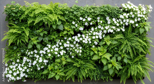 Lush vertical garden with white flowers and green foliage