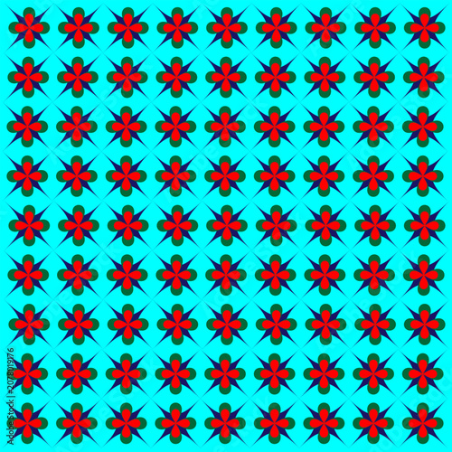 Colorful Floral Geometric Seamless Pattern With Red Flowers on Cyan Background