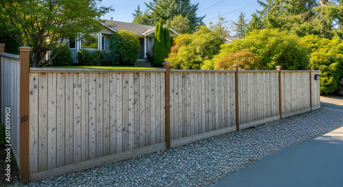 Modern gray metal fence along residential street with greenery
