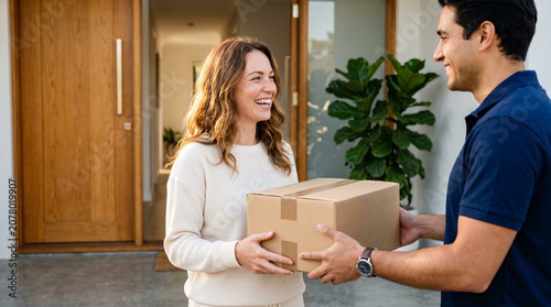 Friendly courier handing cardboard parcel to laughing female homeowner cheerful completing doorstep delivery service against modern house entrance background