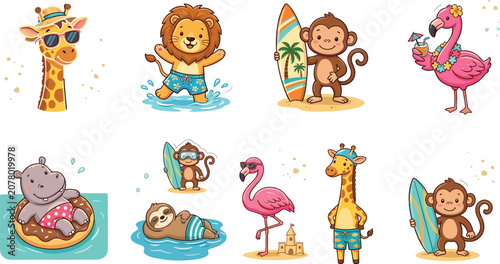 Photography Cute Summer Beach Animal Cartoon Collection Featuring Giraffe, Lion, Monkey, Fla