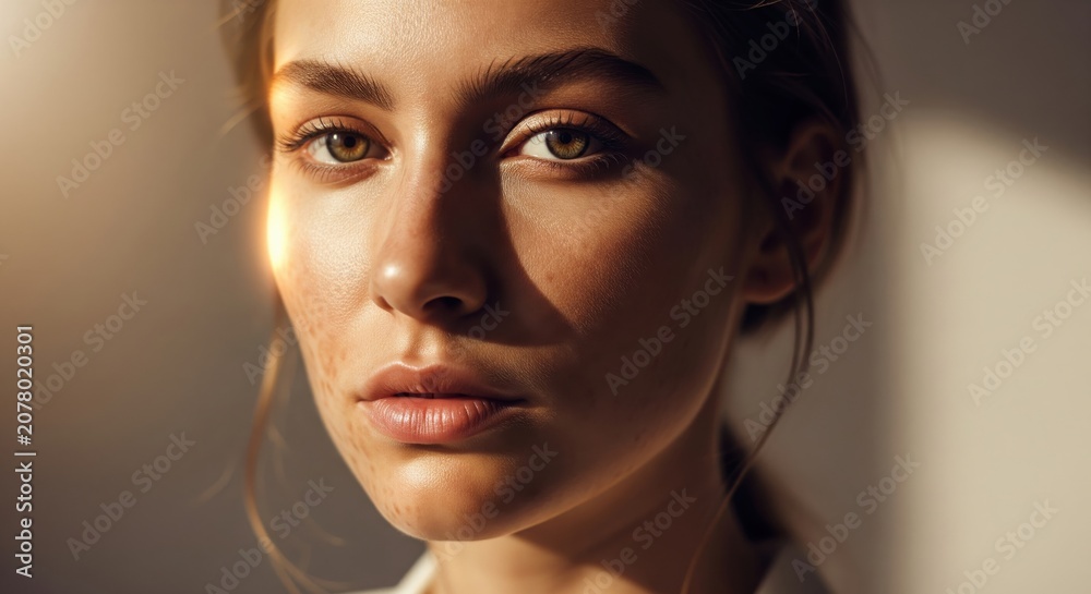 Fototapeta premium Close-Up Portrait of Young Caucasian Woman with Green Eyes Natural Acne-Prone Skin and No Makeup in Warm Golden Studio Light Horizontal
