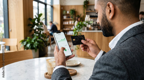 Bearded businessman focused executing mobile trade with credit card and smartphone against modern cafe interior background