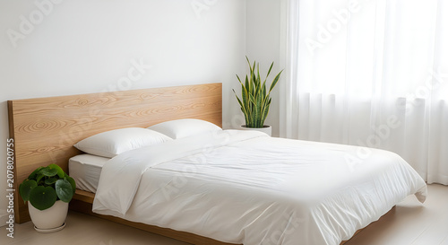Minimal bedroom with neatly made bed and potted plants