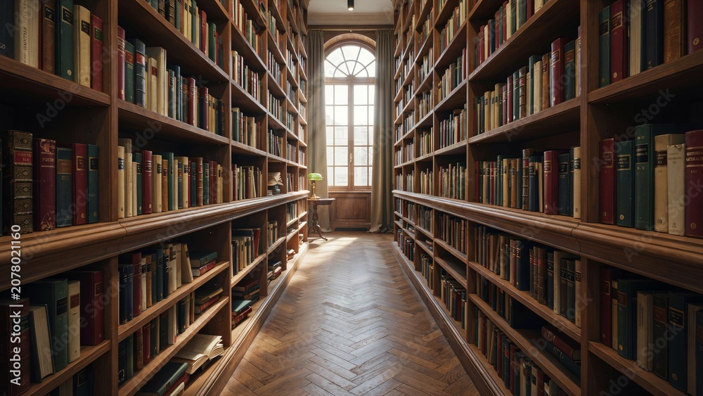 Fototapeta premium Cozy library with wooden bookshelves and natural light