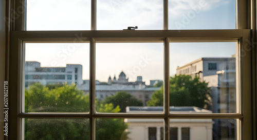 Modern building view through large city windows with greenery