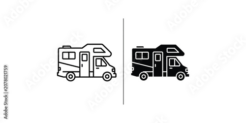 Recreational vehicle camper van icons in outline and solid black style for travel and tourism design