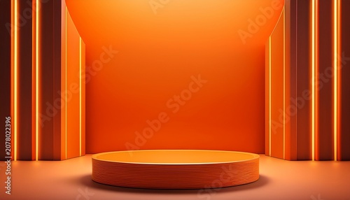 D Orange Round Podium With Ceiling Neon Lighting Background Abstract Geometric Composition In Minimalist Design Studio Display Showroom Stand Product Pedestal Fashion Stage Showcase Mockup Scene