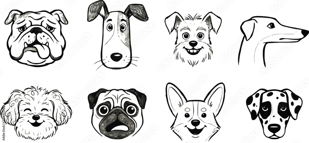 Obraz premium Vector illustration of various dog breeds faces